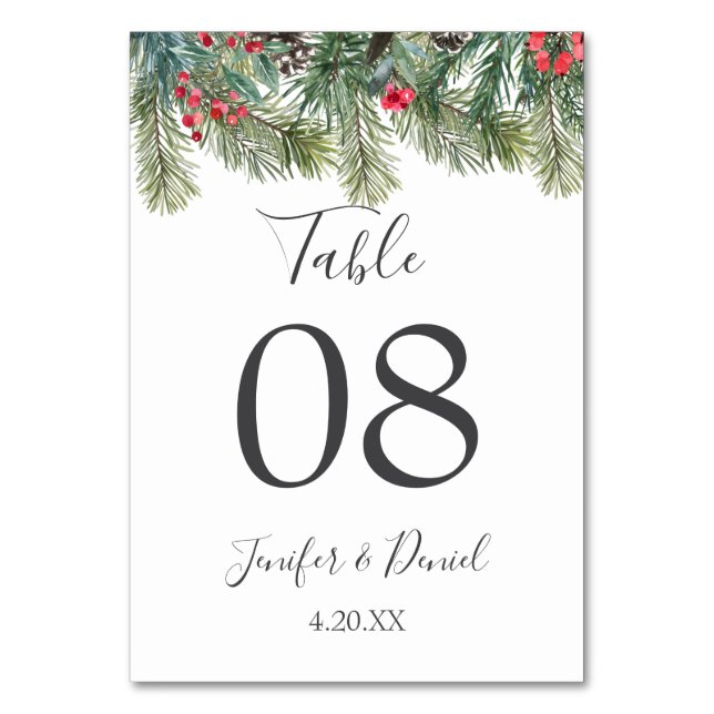 Numeração De Mesa Casamento Rustic Winter Berry Pine Greenery (Frente)