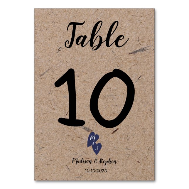Numeração De Mesa Casamento Rústico | Monograma de Coração Azul-Mari (Frente)