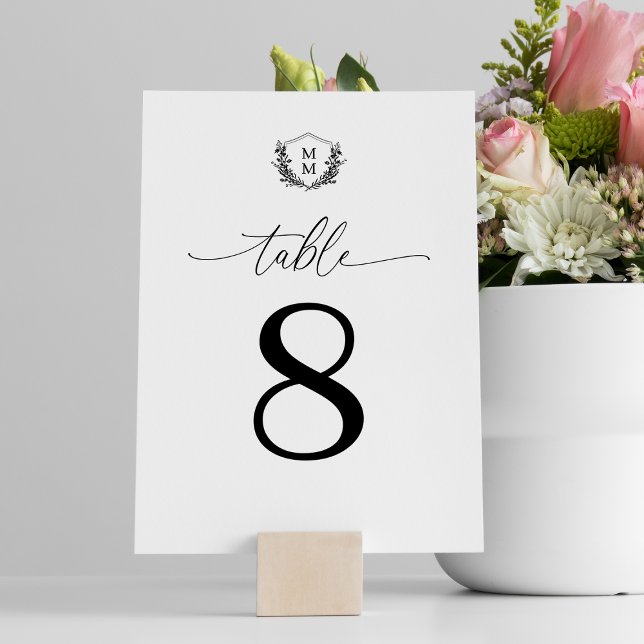 Numeração De Mesa Casamento Simples Elegante Floral Crest Monograma (Criador carregado)