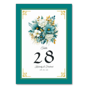 Numeração De Mesa Casamento Teal e Dourado Floral