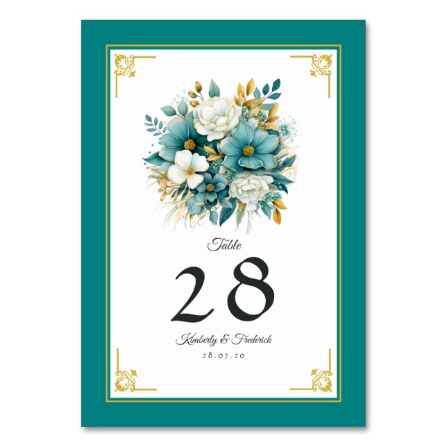 Numeração De Mesa Casamento Teal e Dourado Floral (Frente)