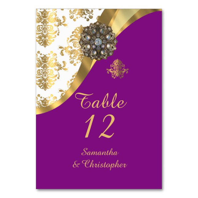 Numeração De Mesa Casamento tema damasco branco, roxo e dourado (Frente)