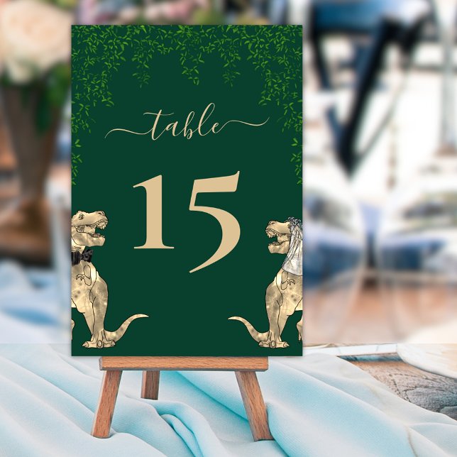 Numeração De Mesa Casamento tema Dinossauro Verde (Dinosaur themed dark green wedding table number cards  Jurassic T-Rex bride and groom eucalyptus )