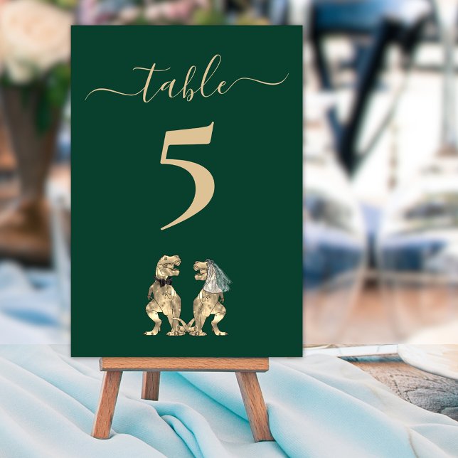 Numeração De Mesa Casamento tema Dinossauro Verde (Dinosaur themed dark green wedding table number cards Fun T-Rex bride and groom dinos elegant script)