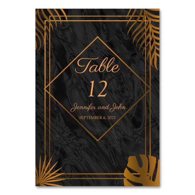 Numeração De Mesa Casamento Tropical com Folhas Douradas e Frame Geo (Frente)