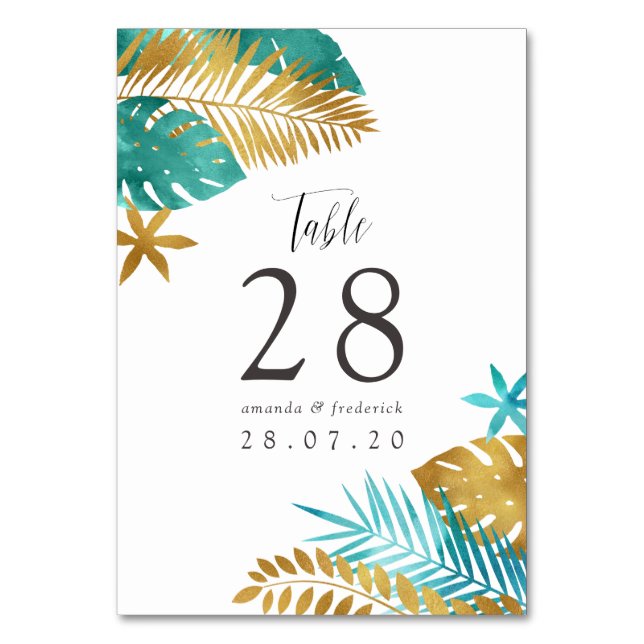 Numeração De Mesa Casamento Tropical Dourado e Teal (Frente)