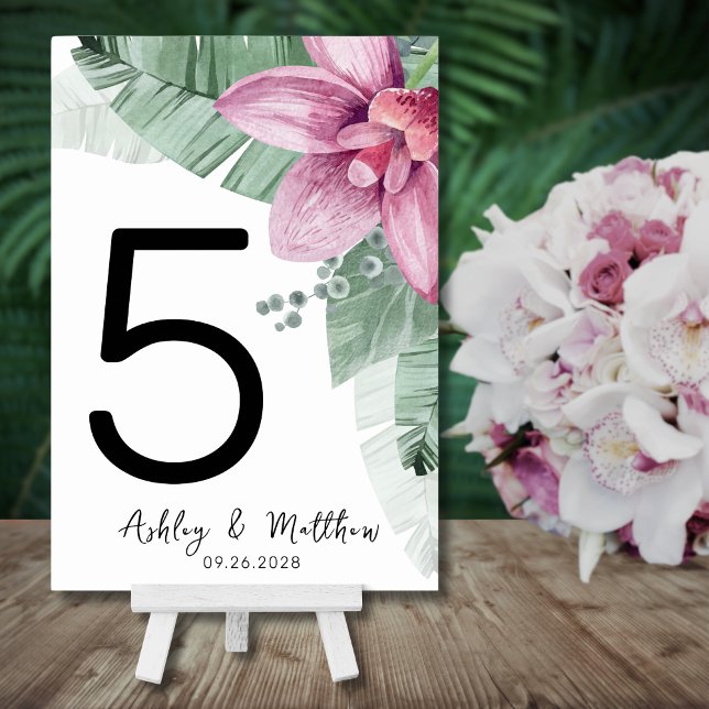 Numeração De Mesa Casamento Tropical Floral de Praia Moderno (Modern Beach Palm Pink Floral Tropical Wedding Table Number)