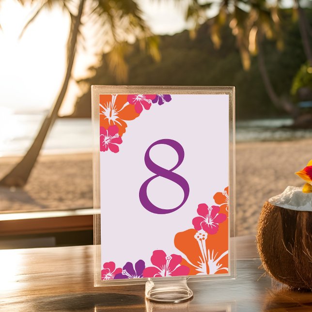 Numeração De Mesa Casamento Tropical Laranja Rosa Púrpura Hibiscus (Table Number - Front)