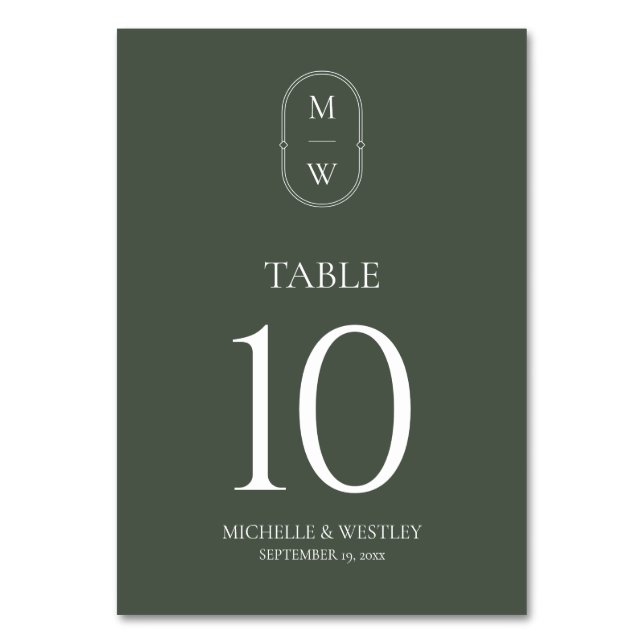 Numeração De Mesa Casamento Verde de Monograma Minimalista (Frente)