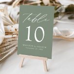 Numeração De Mesa Casamento Verde do Sábio Moderno<br><div class="desc">Trendy, cartões minimalistas de números das mesas de casamento com cartas brancas modernas com "Mesa" em um roteiro de caligrafia moderno. O design apresenta um fundo verde sábio ou cor de sua escolha. O design repete atrás. Para solicitar os cartões de mesa: adicione seu nome, data do casamento e número...</div>