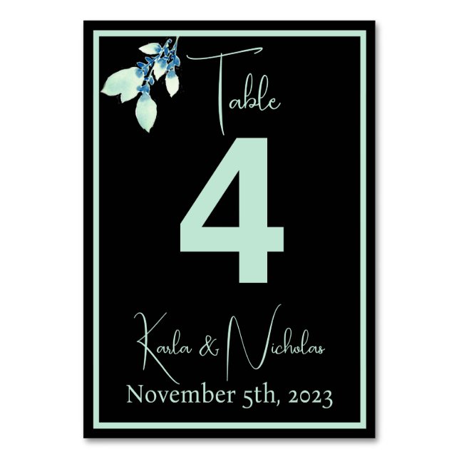 Numeração De Mesa Casamento Verde Floral Preto e Mint Pálido (Frente)
