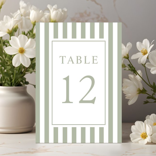 Numeração De Mesa Casamento Verde Sálvia Listrado Elegante (Elegant Striped Sage Green Wedding Table Number)