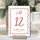 Numeração De Mesa Casamento Whimsical Vermelho Quirky em Mão Desenha<br><div class="desc">A Mão Bonita Desenhou O Número Da Mesa De Casamento Quente Vermelho. Esta placa de número da tabela apresenta uma engraçada borda de espiral e loop desenhada à mão, adicionando um toque divertido, mas refinado, ao seu evento. O quadro branco suavemente rodeia o número da tabela, usando uma mistura de...</div>