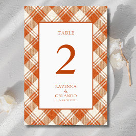 Numeração De Mesa Casamento Xadrez Gingham Laranja Rústico Silenciad
