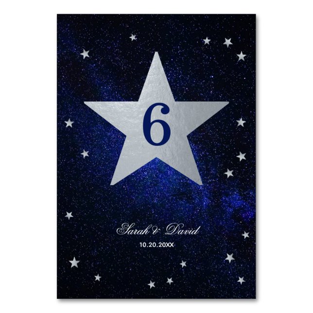 Numeração De Mesa Celestial Casamento Faux Silver Foil Star Blue Sky (Frente)