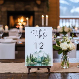 Numeração De Mesa Cena de Casamento em Aquarela de Lago em Montanha 