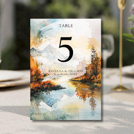 Numeração De Mesa Cena de Casamento Outonal no Lago da Montanha Rúst
