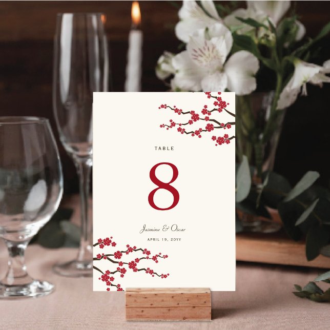 Numeração De Mesa Cerejeiras Vermelhas Sakura Flores de Cerejeira El (Red/Ivory Sakura Cherry Blossoms Elegant Asian Wedding Table Number Card @ fat_fa_tin)