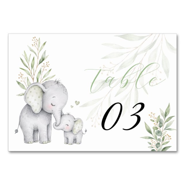 Numeração De Mesa Chá de Bebê de Elefante Eucalipto Neutro em Gênero (Frente)