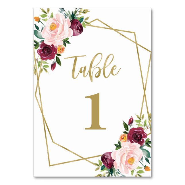 Numeração De Mesa Chá de Bebê Geométrico Rosa Borgonha Floral (Frente)