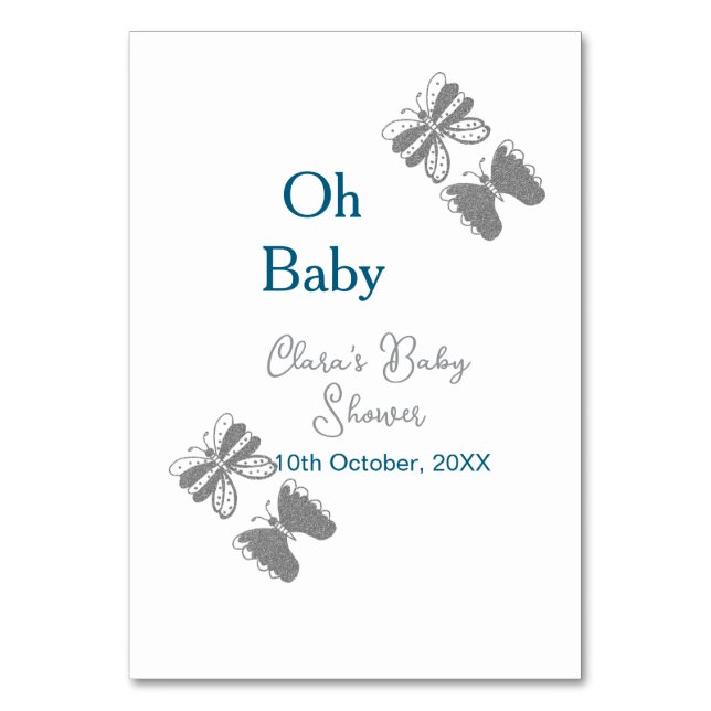 Numeração De Mesa chá de fraldas azul-borboleta-cinza oh bebê texto  (Frente)