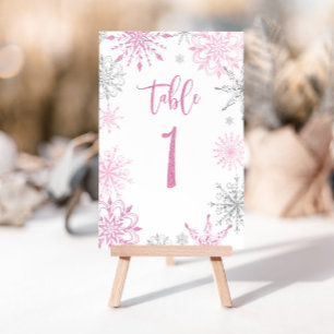 Numeração De Mesa Chá de fraldas Um Flocos de Neve Prateados Rosa