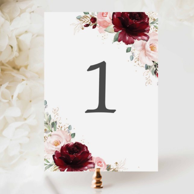 Numeração De Mesa Chá de panela de Casamento Floral Rosa-Rosa-Blush  (burgundy blush floral table number cards printed for weddings bridal showers birthdays anniversaries)