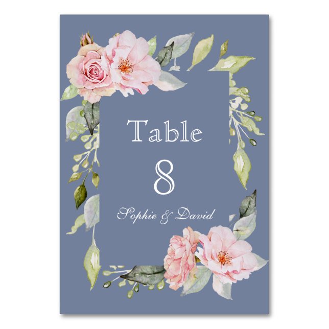 Numeração De Mesa Charm Pink Floral Dusty Casamento Azul (Frente)