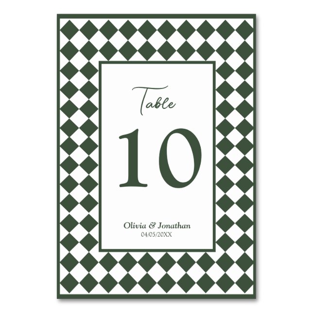 Numeração De Mesa Checkered Simple Modern Dark Green Wedding (Frente)