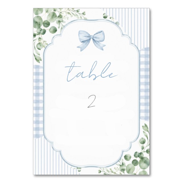 Numeração De Mesa Chic Azul Gingham Laço Floral Chá de Bebê (Frente)