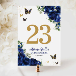 Numeração De Mesa Chic Azul Real Floral Dourado Quinceañera Sweet 16