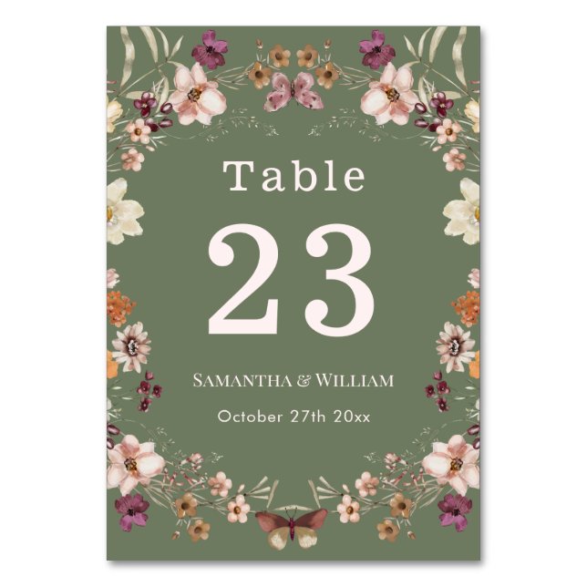 Numeração De Mesa Chic Boho Wildflower Rustic Sage Casamento Verde (Frente)