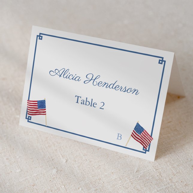 Numeração De Mesa Chic Red White Blue USA Flag Place Card (Patriotic individual place cards, buffet cards or food tents with navy blue greek key and usa flags)