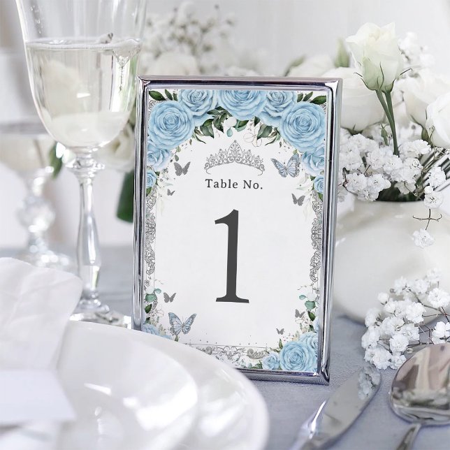 Numeração De Mesa Chic Sky Blue Floral Silver Birthday Quinceanera (Criador carregado)