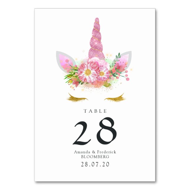 Numeração De Mesa Chuva de Bebê Unicórnio Floral Rosa (Frente)