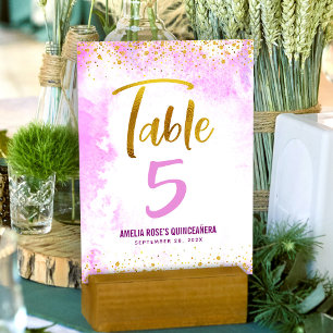 Numeração De Mesa Cinceañera Pink Watercolor Script Dourado