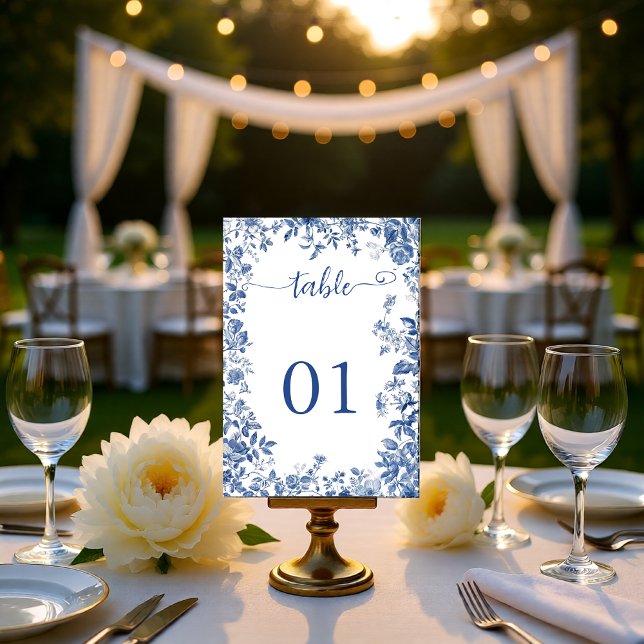 Numeração De Mesa Classic Dusty Blue Toile Floral Wedding (Classic Dusty Blue Toile Floral Wedding Table Number)