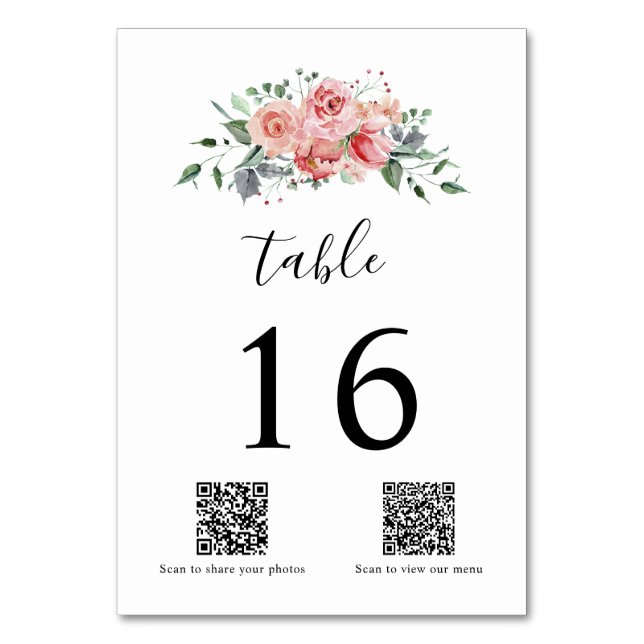 Numeração De Mesa Código QR Casamento de Cor de Água Rosa Rosa Elega (Frente)