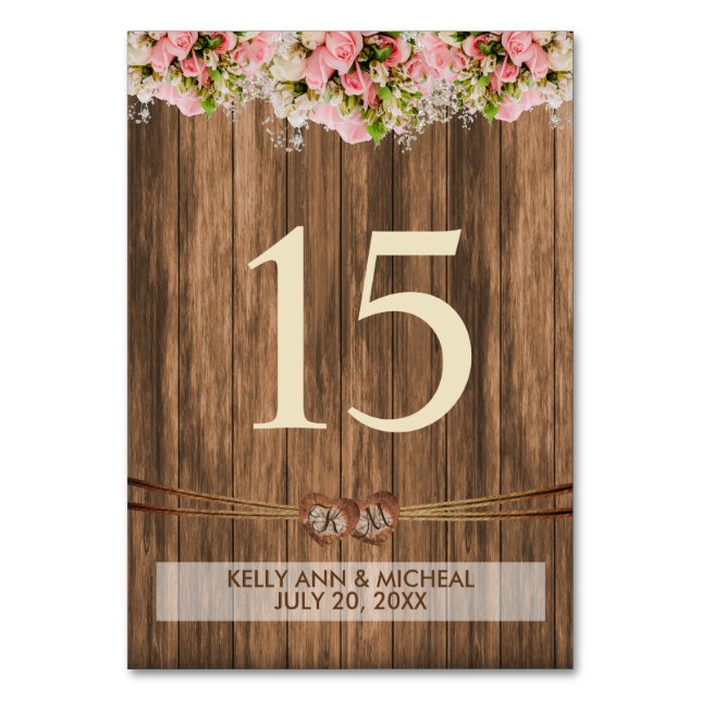Numeração De Mesa Coração Monograma com Rosas Rosa (Verso)