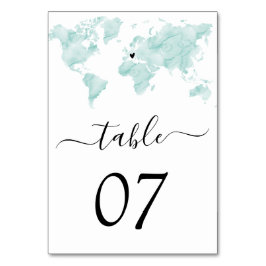 Numeração De Mesa Coração Removível de Aquarela do Mapa Mundial de C