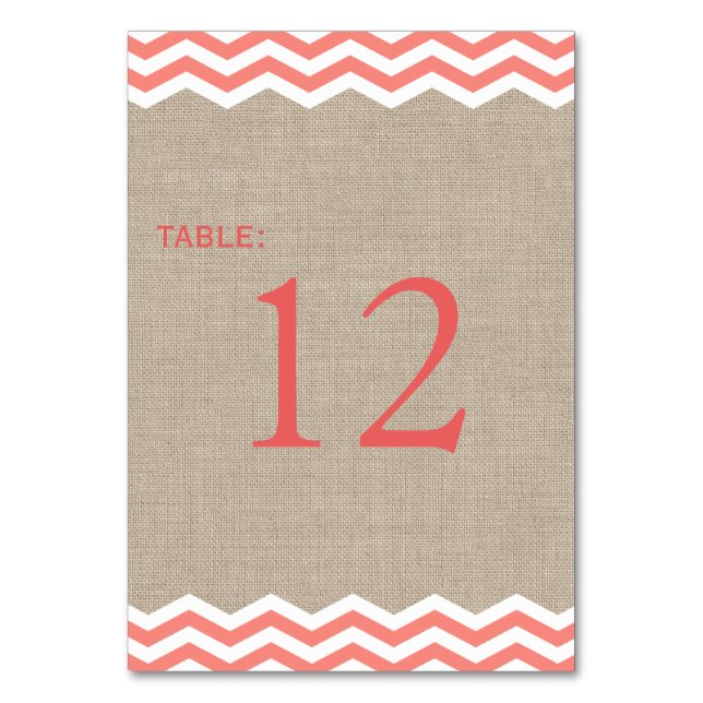 Numeração De Mesa Coral Chevrons no Número da Tabela Burlap (Verso)