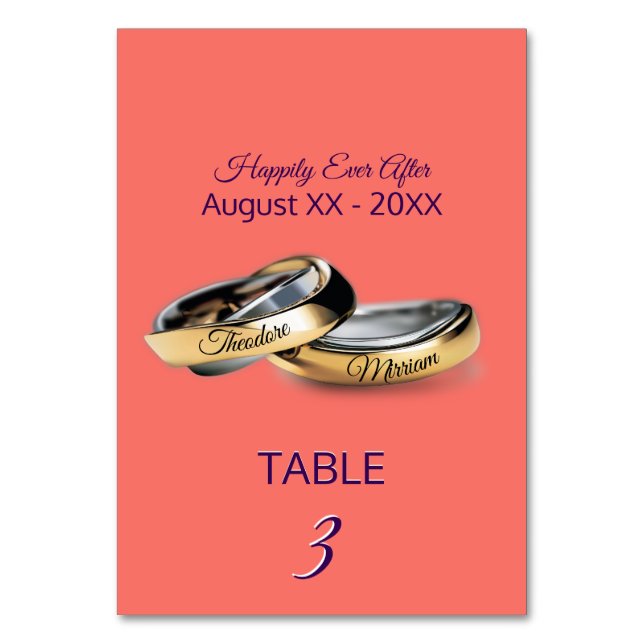 Numeração De Mesa Coral Monograma dos Anéis Dourados (Frente)