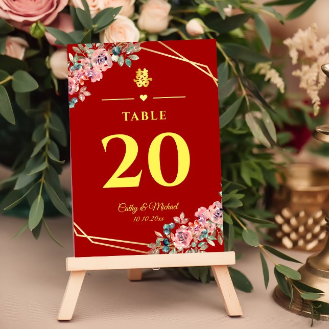 Numeração De Mesa Coroa floral geométrica de ouro vermelho casamento (Criador carregado)