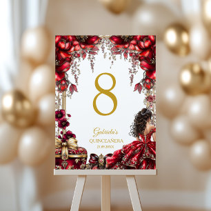 Numeração De Mesa Coroa Floral Tiara Dourada Vermelha Quinceañera