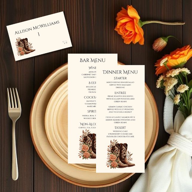 Numeração De Mesa Country Western Flowers com Botas de Cowboy (Country Western-Flowers with Cowboy Boots-Wedding Place Cards with Meal Icons)
