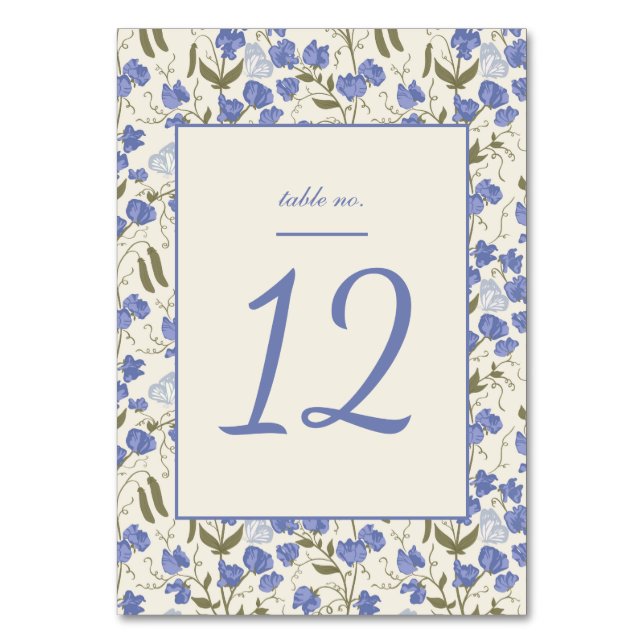Numeração De Mesa Creme Floral de Ervilha Doce e Casamento Azul (Frente)