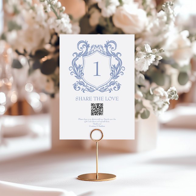 Numeração De Mesa Crest Elegante em Azul Desbotado Código QR Compart (Criador carregado)