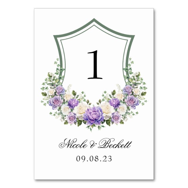 Numeração De Mesa Crest Floral Branco Roxo Casamento (Frente)