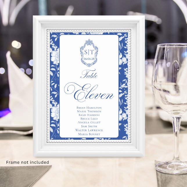 Numeração De Mesa Crest Monogram Blue Floral Script Eleven 8 Names (Criador carregado)