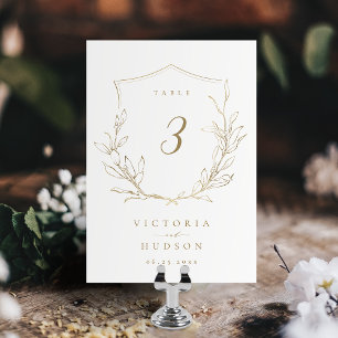 Numeração De Mesa Crest monograma botânico simples dourado casamento